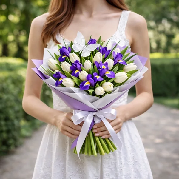 Леди Босс - букет из белых тюльпанов и ирисов
